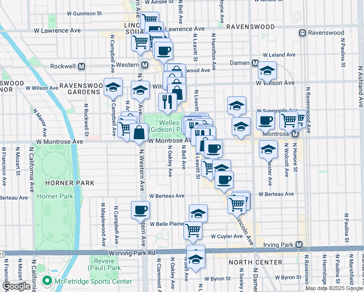 map of restaurants, bars, coffee shops, grocery stores, and more near 4350 North Bell Avenue in Chicago