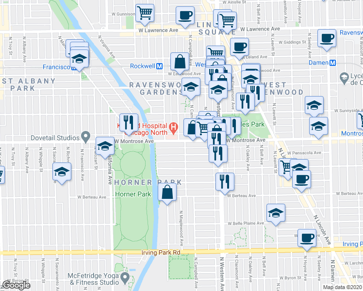 map of restaurants, bars, coffee shops, grocery stores, and more near 4355 North Campbell Avenue in Chicago