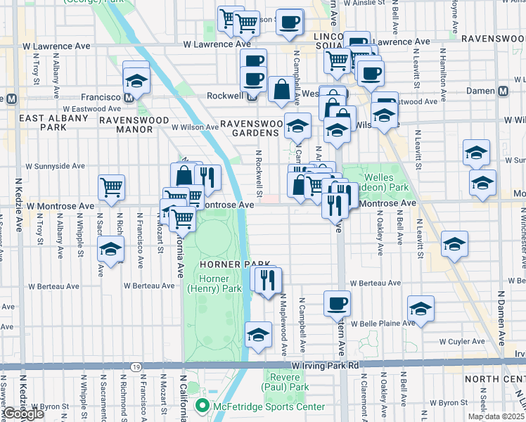 map of restaurants, bars, coffee shops, grocery stores, and more near 2551 West Montrose Avenue in Chicago