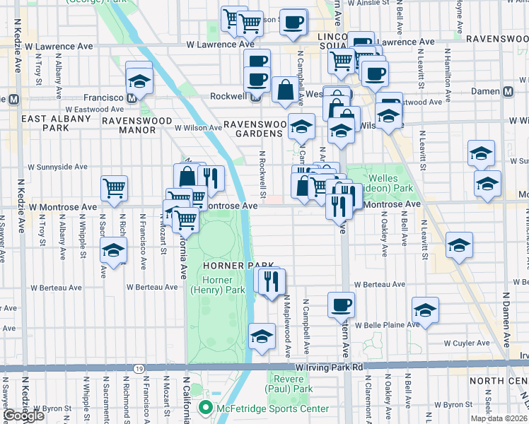 map of restaurants, bars, coffee shops, grocery stores, and more near 2551 West Montrose Avenue in Chicago