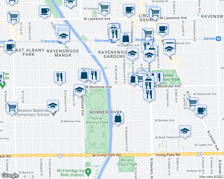 map of restaurants, bars, coffee shops, grocery stores, and more near 2857 West Montrose Avenue in Chicago