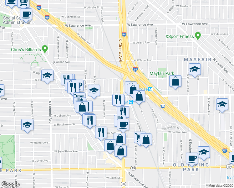 map of restaurants, bars, coffee shops, grocery stores, and more near 4401 North La Crosse Avenue in Chicago