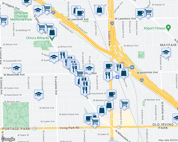 map of restaurants, bars, coffee shops, grocery stores, and more near 4936 West Montrose Avenue in Chicago