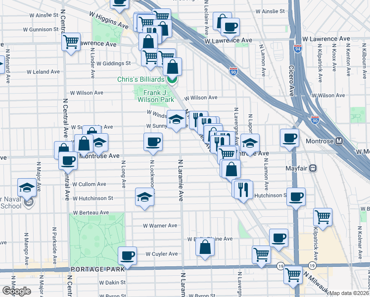 map of restaurants, bars, coffee shops, grocery stores, and more near 5200 West Montrose Avenue in Chicago