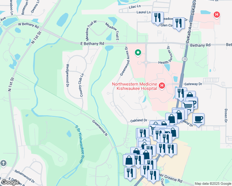 map of restaurants, bars, coffee shops, grocery stores, and more near 2742 Greenwood Acres Drive in DeKalb