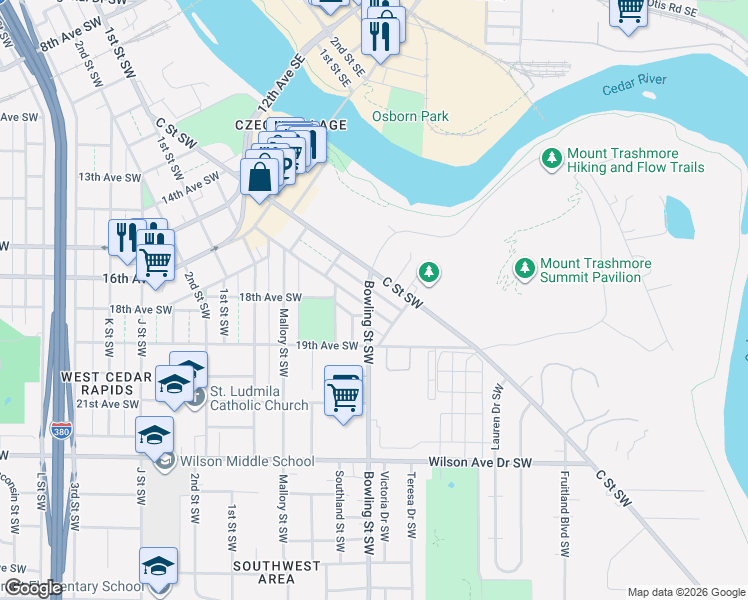 map of restaurants, bars, coffee shops, grocery stores, and more near 107-109 Bowling Street Southwest in Cedar Rapids