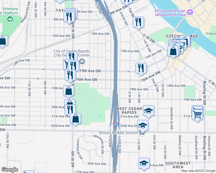 map of restaurants, bars, coffee shops, grocery stores, and more near 1628 M Street Southwest in Cedar Rapids