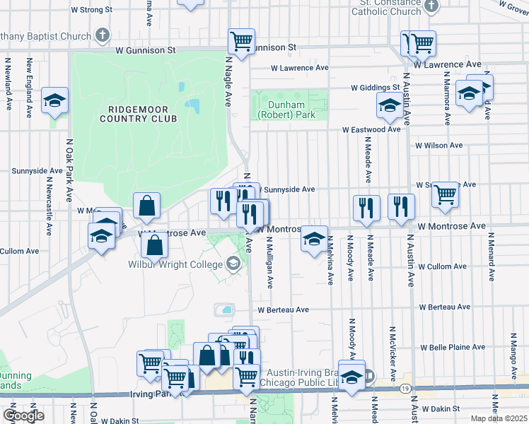map of restaurants, bars, coffee shops, grocery stores, and more near 4424 North Mulligan Avenue in Chicago