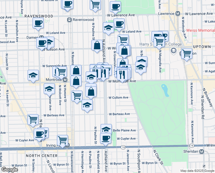 map of restaurants, bars, coffee shops, grocery stores, and more near 4341 North Ashland Avenue in Chicago