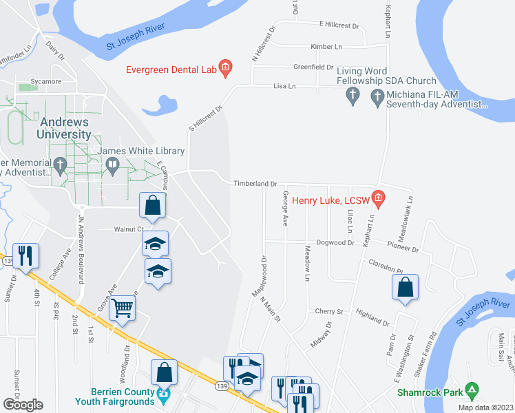 map of restaurants, bars, coffee shops, grocery stores, and more near 8712 Maplewood Drive in Berrien Springs