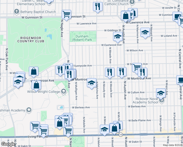 map of restaurants, bars, coffee shops, grocery stores, and more near 4423 North Merrimac Avenue in Chicago
