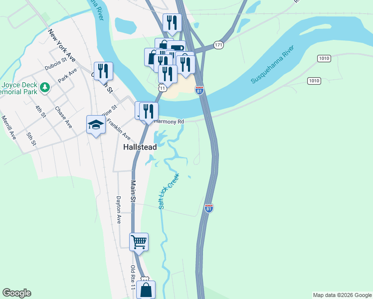 map of restaurants, bars, coffee shops, grocery stores, and more near 640 Main Street in Hallstead