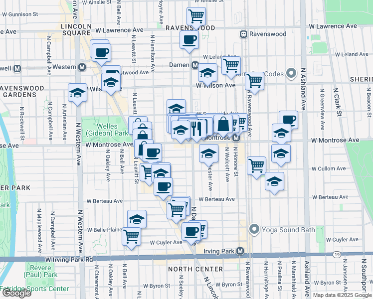 map of restaurants, bars, coffee shops, grocery stores, and more near 4346 North Damen Avenue in Chicago