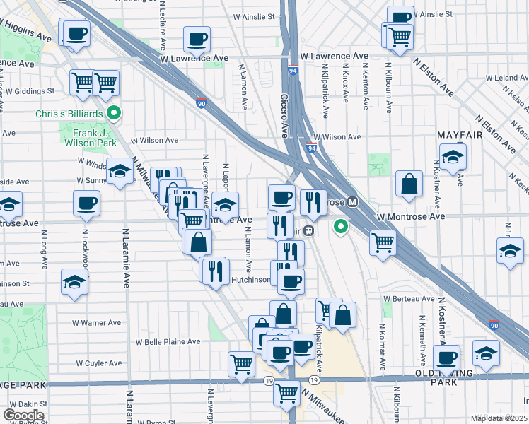 map of restaurants, bars, coffee shops, grocery stores, and more near 4401 North La Crosse Avenue in Chicago