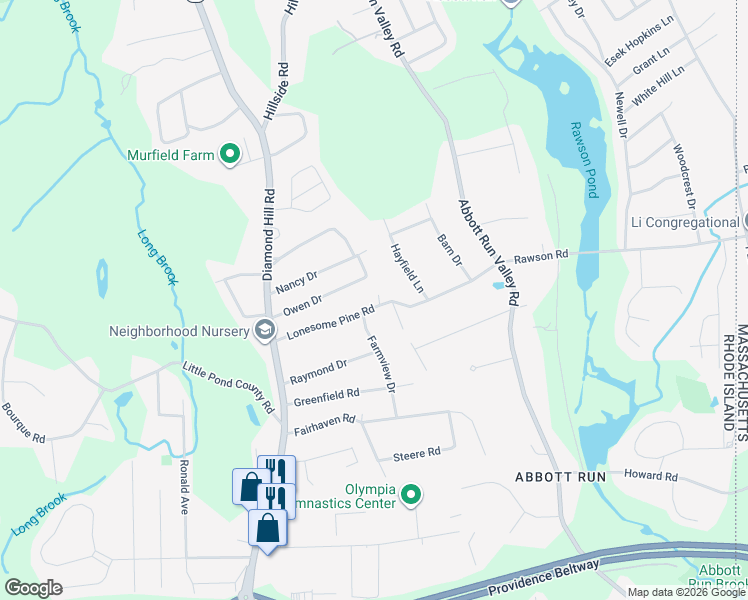 map of restaurants, bars, coffee shops, grocery stores, and more near 28 Lonesome Pine Rd in Cumberland