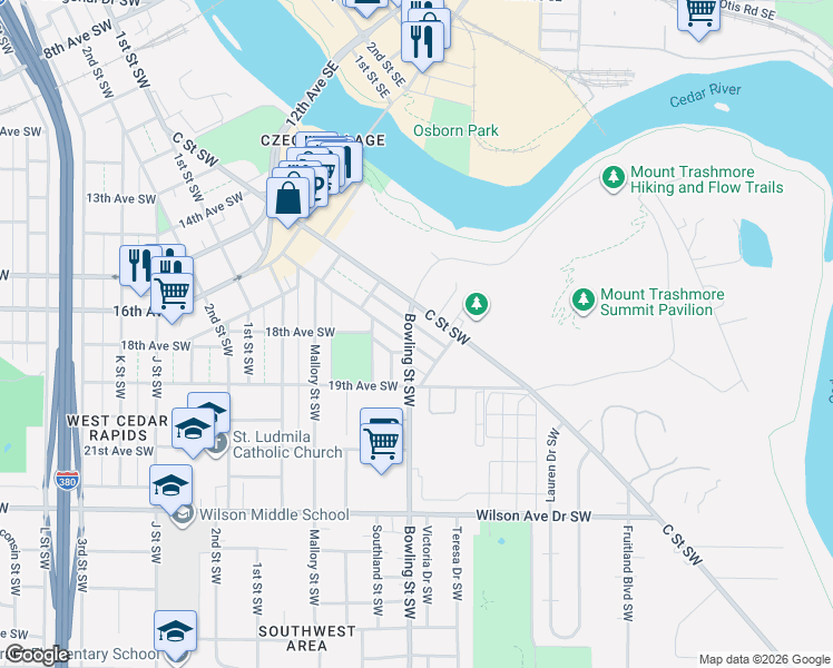 map of restaurants, bars, coffee shops, grocery stores, and more near 107-109 Bowling Street Southwest in Cedar Rapids