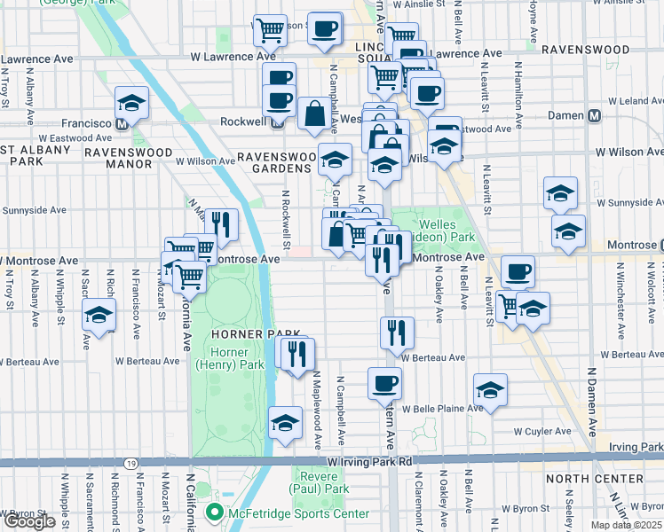 map of restaurants, bars, coffee shops, grocery stores, and more near 4355 North Campbell Avenue in Chicago