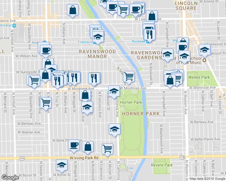 map of restaurants, bars, coffee shops, grocery stores, and more near 2813 West Montrose Avenue in Chicago