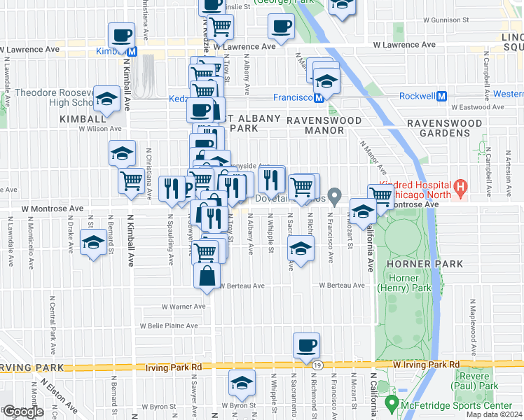 map of restaurants, bars, coffee shops, grocery stores, and more near 3043 West Montrose Avenue in Chicago