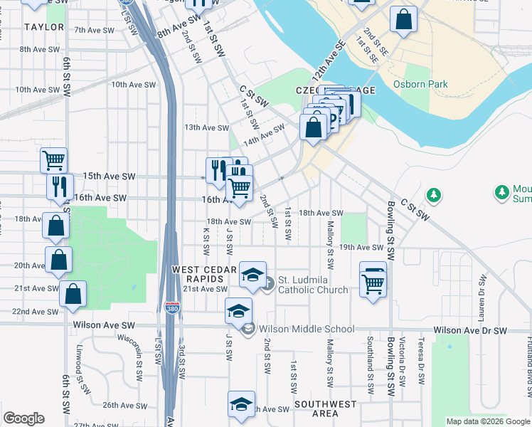 map of restaurants, bars, coffee shops, grocery stores, and more near 1700 2nd Street Southwest in Cedar Rapids