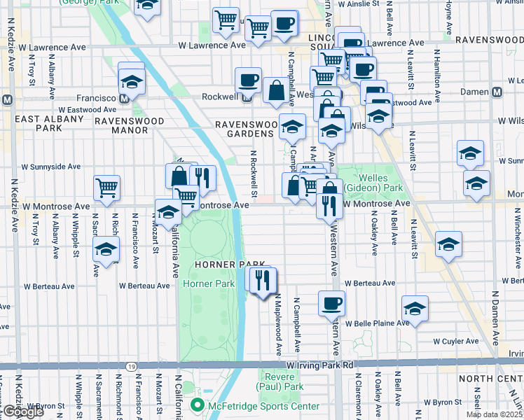 map of restaurants, bars, coffee shops, grocery stores, and more near 2551 West Montrose Avenue in Chicago