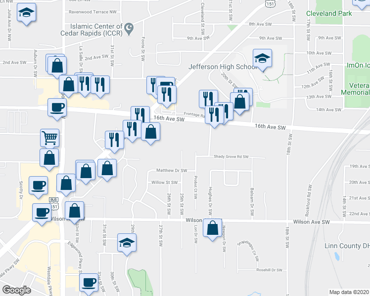 map of restaurants, bars, coffee shops, grocery stores, and more near 1713 Whispering Pines Court Southwest in Cedar Rapids