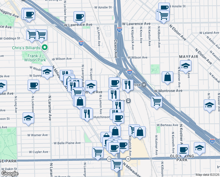 map of restaurants, bars, coffee shops, grocery stores, and more near 4401 North La Crosse Avenue in Chicago