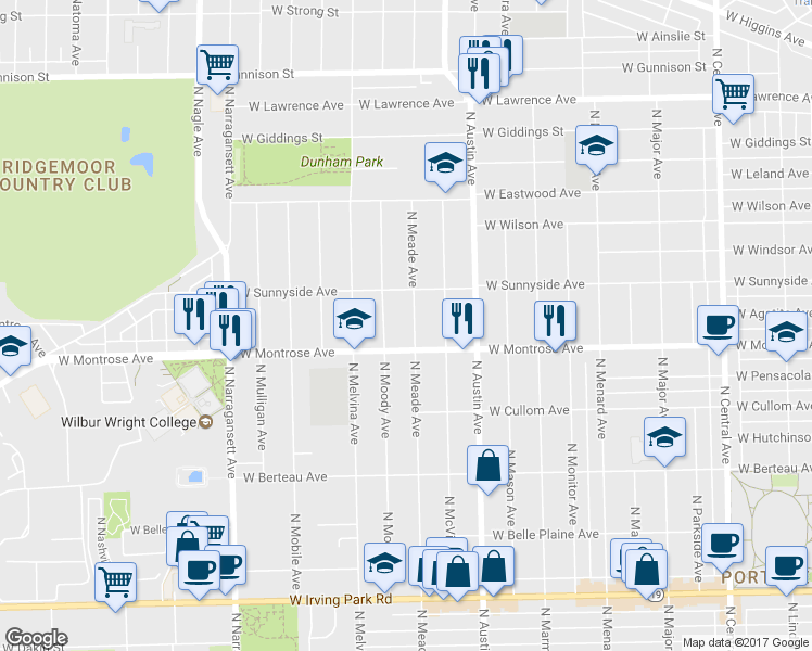 map of restaurants, bars, coffee shops, grocery stores, and more near 4422 North Meade Avenue in Chicago