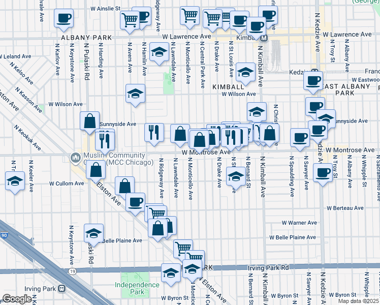 map of restaurants, bars, coffee shops, grocery stores, and more near W Montrose Ave & N Monticello Ave in Chicago