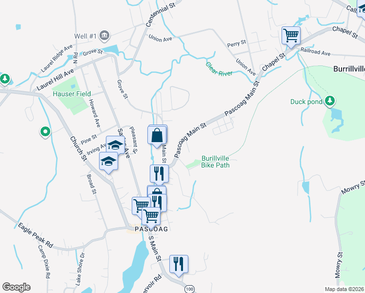 map of restaurants, bars, coffee shops, grocery stores, and more near 285 Pascoag Main Street in Burrillville