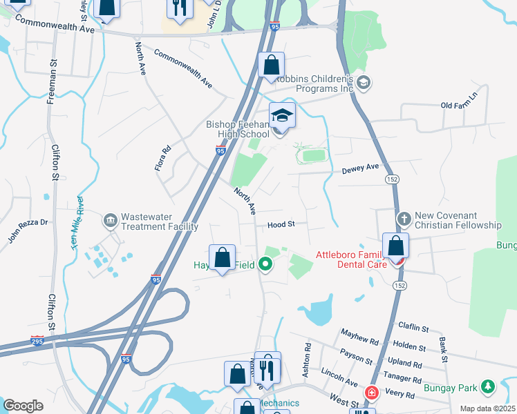 map of restaurants, bars, coffee shops, grocery stores, and more near 111 North Avenue in Attleboro
