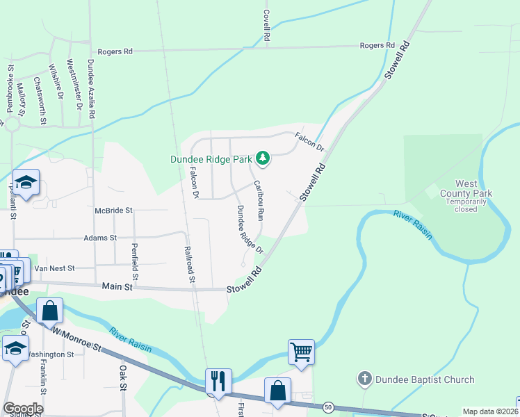 map of restaurants, bars, coffee shops, grocery stores, and more near 251 Caribou Run in Dundee