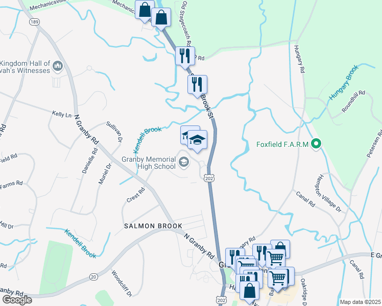 map of restaurants, bars, coffee shops, grocery stores, and more near 315 Salmon Brook Street in Granby