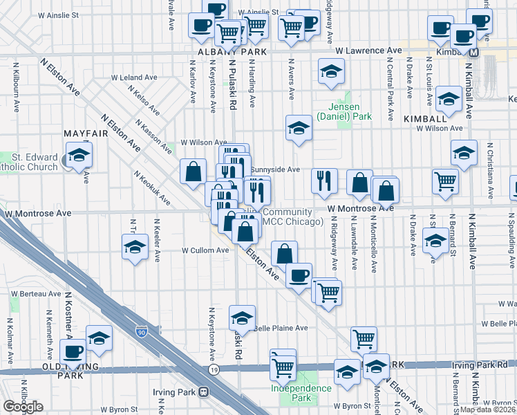 map of restaurants, bars, coffee shops, grocery stores, and more near 3930 W Montrose Ave in Chicago