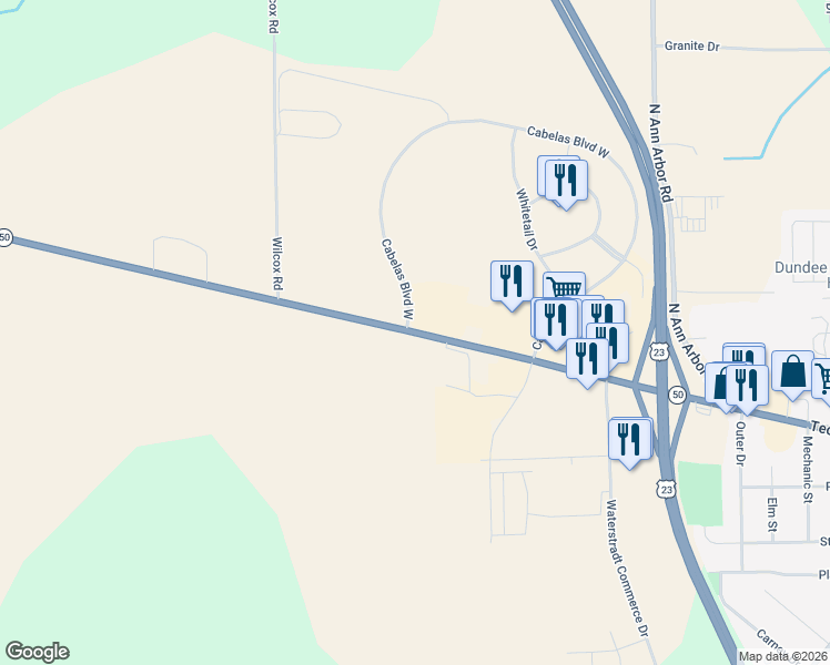 map of restaurants, bars, coffee shops, grocery stores, and more near 16355-16387 Tecumseh Road in Dundee