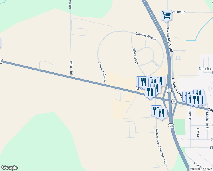 map of restaurants, bars, coffee shops, grocery stores, and more near 16355-16387 Tecumseh Road in Dundee