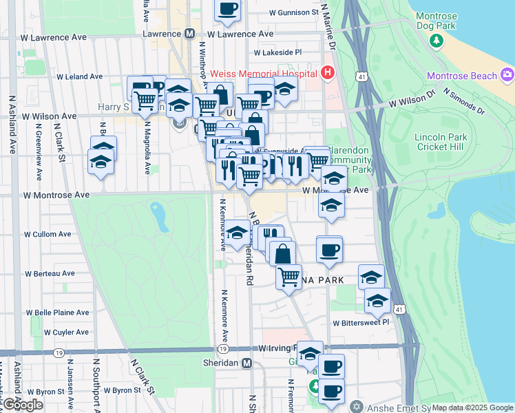 map of restaurants, bars, coffee shops, grocery stores, and more near 936 West Pensacola Avenue in Chicago