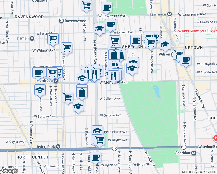 map of restaurants, bars, coffee shops, grocery stores, and more near 4343 North Greenview Avenue in Chicago