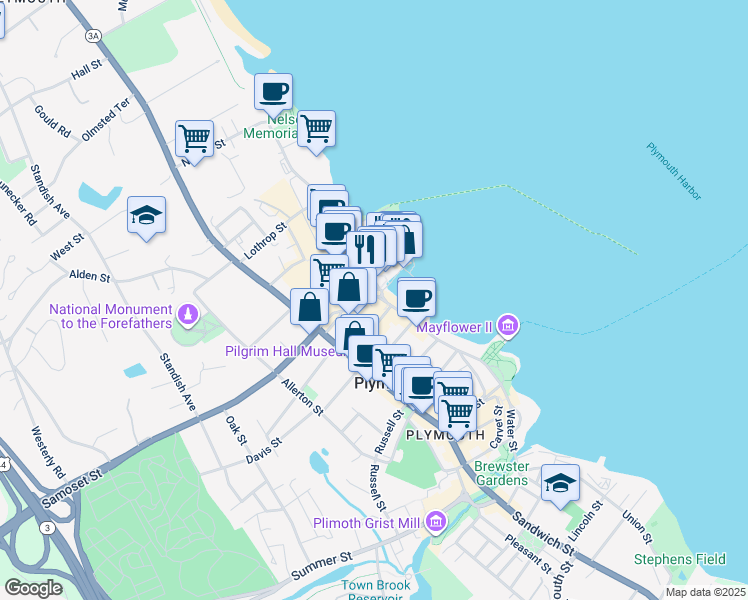 map of restaurants, bars, coffee shops, grocery stores, and more near 79 South Park Avenue in Plymouth