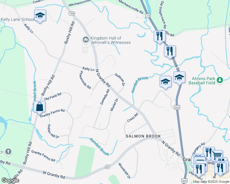 map of restaurants, bars, coffee shops, grocery stores, and more near 77 North Granby Road in Granby