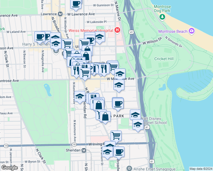 map of restaurants, bars, coffee shops, grocery stores, and more near 4321 North Dayton Street in Chicago