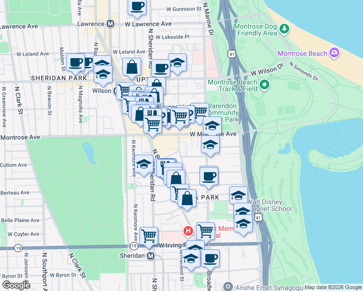 map of restaurants, bars, coffee shops, grocery stores, and more near 4334 North Hazel Street in Chicago
