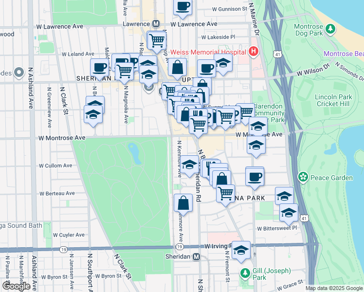 map of restaurants, bars, coffee shops, grocery stores, and more near 4342 North Sheridan Road in Chicago