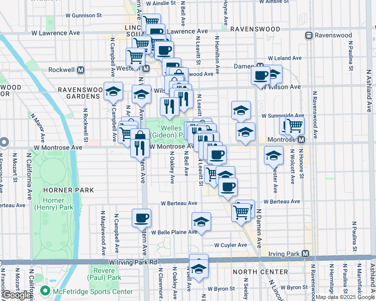map of restaurants, bars, coffee shops, grocery stores, and more near 4350 North Bell Avenue in Chicago