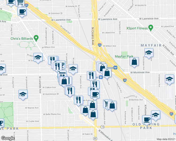 map of restaurants, bars, coffee shops, grocery stores, and more near 4401 North La Crosse Avenue in Chicago