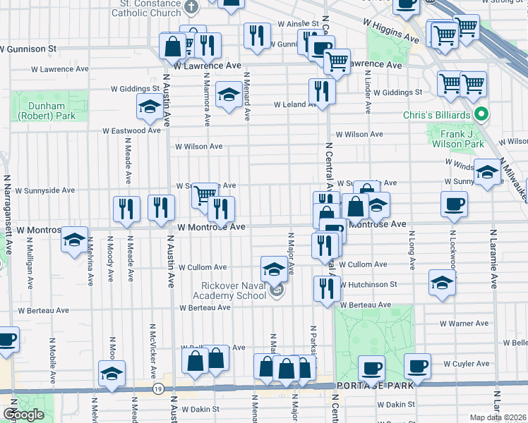 map of restaurants, bars, coffee shops, grocery stores, and more near 4418 North Mango Avenue in Chicago