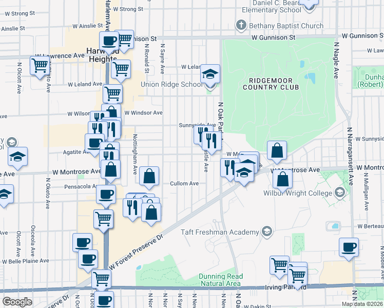 map of restaurants, bars, coffee shops, grocery stores, and more near 6851 West Montrose Avenue in Harwood Heights