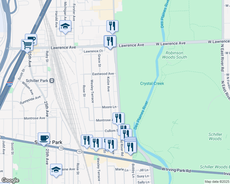 map of restaurants, bars, coffee shops, grocery stores, and more near 4540 North River Road in Schiller Park