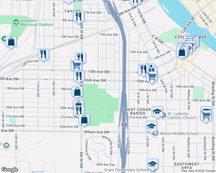map of restaurants, bars, coffee shops, grocery stores, and more near 1628 M Street Southwest in Cedar Rapids