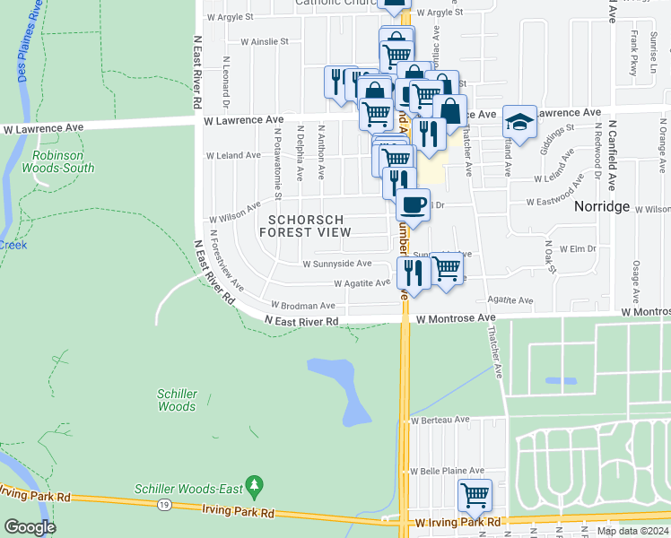 map of restaurants, bars, coffee shops, grocery stores, and more near 8515 Sunnyside Avenue in Chicago